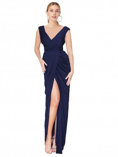 Shop Draped V-Neck Long Chiffon Bridesmaid Dress / Formal Prom Dress with Front Slit London