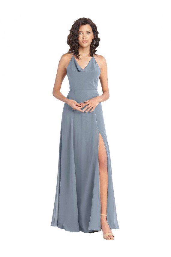 Slim A-Line Cowl Neck Long Chiffon Bridesmaid Dress with Side High Slit