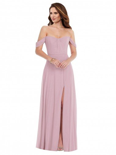 Shop Off the Shoulder Draped Sleeve Maxi Bridesmaid Dress with Front Slit London