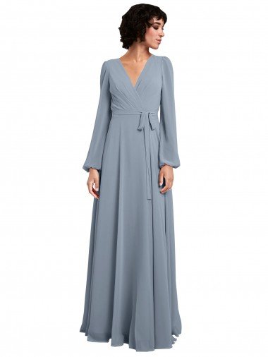 Shop Wrap Style Long Sleeves Chiffon Bridesmaid Dress with Pleated Bodice London