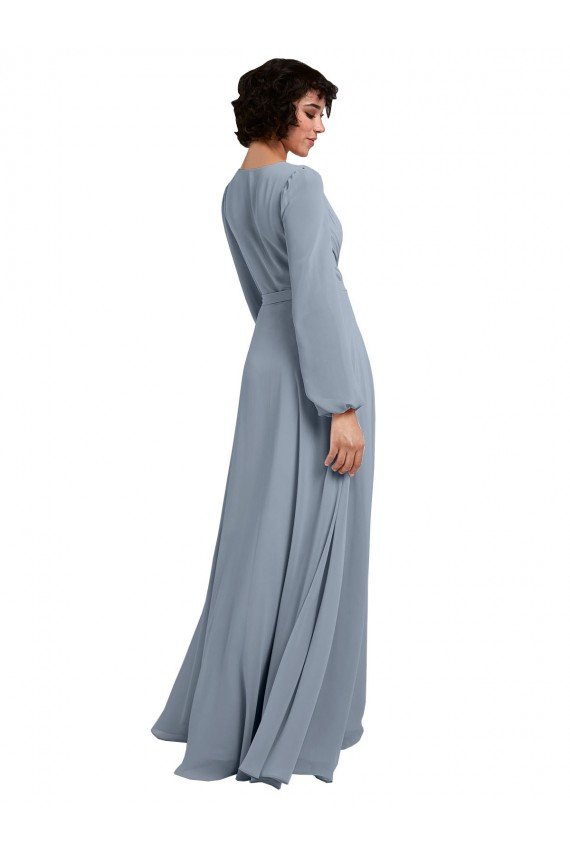 Wrap Style Long Sleeves Chiffon Bridesmaid Dress with Pleated Bodice