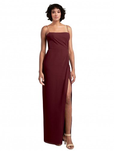 Shop Sleek Straight Neckline Chiffon Bridesmaid Dress with Spaghetti Straps and High Side Slit London