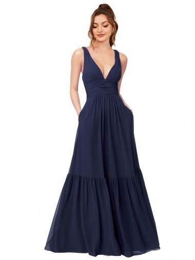 Shop Floor Length Deep V-Neck Ruched Chiffon Long Bridesmaid Dress London