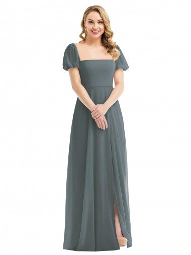 Shop Puff Sleeves Chiffon Maxi Bridesmaid Dress with Front Slit London