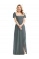 Puff Sleeves Chiffon Maxi Bridesmaid Dress with Front Slit