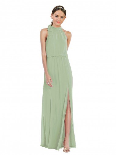 Shop High Neck Scarf Tie Blouson Bodice Maxi Bridesmaid Dress with Front Slit London