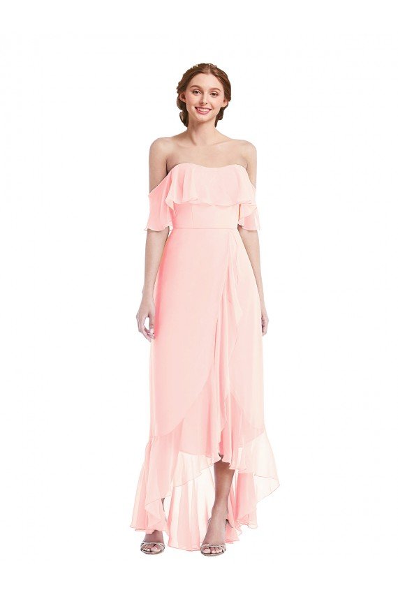 Off the Shoulder Ruffled High Low Maxi Bridesmaid Dress