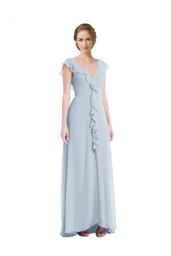 Ruffle Trimmed V Back Chiffon Maxi Bridesmaid Dress