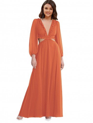 Shop High Low Ruffled Long Chiffon Cutout Bishop Sleeves Maxi Bridesmaid Dress London