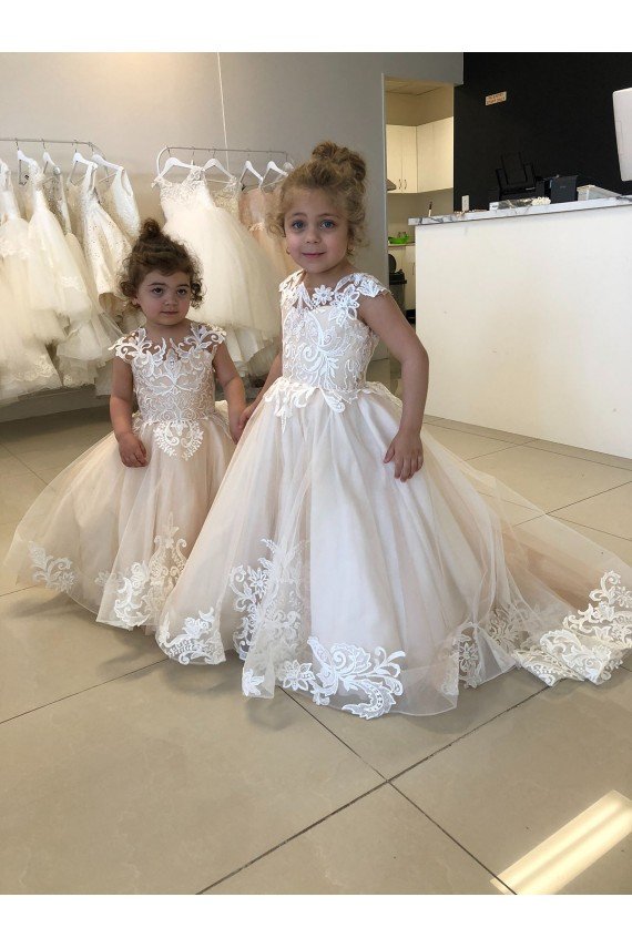 Ivory Ball Gown Chapel Train Sleeveless V-Back Flower Girl Dress