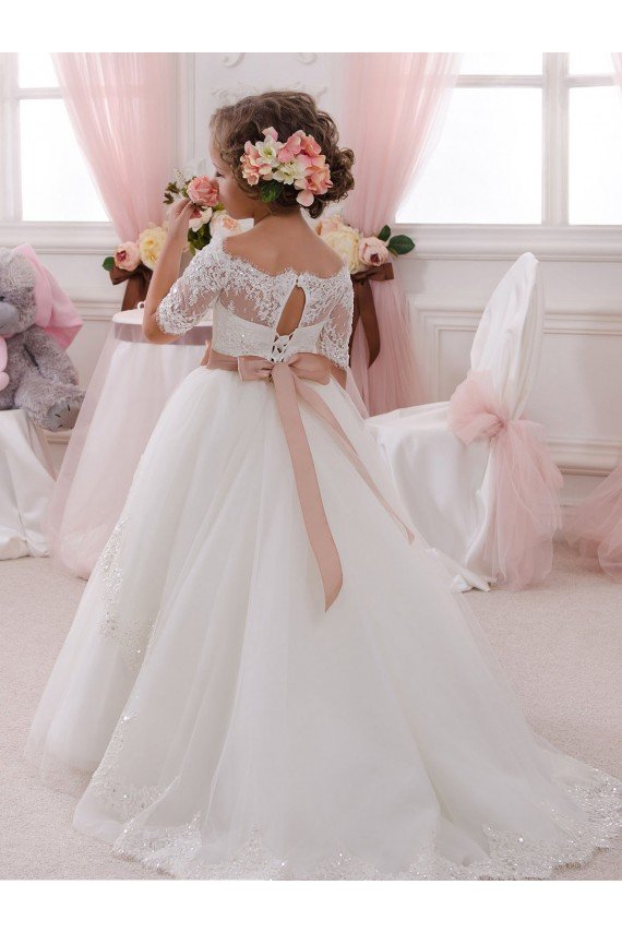 Ivory Ball Gown High Neck Floor Length Short Sleeve Flower Girl Dress