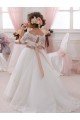 Ivory Ball Gown High Neck Floor Length Short Sleeve Flower Girl Dress