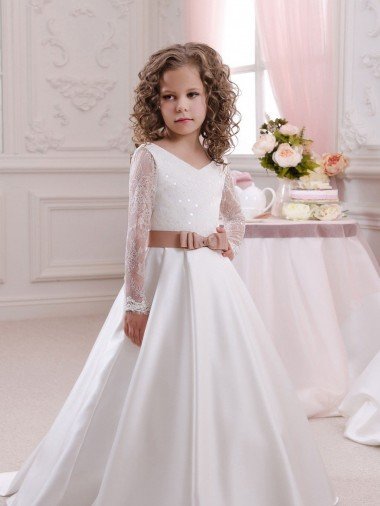 Shop Ivory Ball Gown V-Neck Chapel Train Long Sleeve Flower Girl Dress London