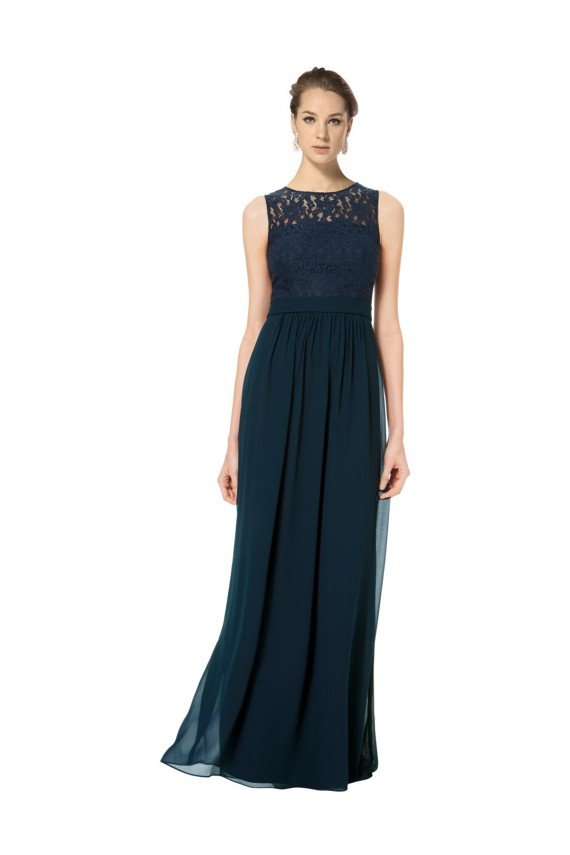 Long Chiffon Bridesmaid Dress with Lace Sleeveless Bodice and Keyhole Back