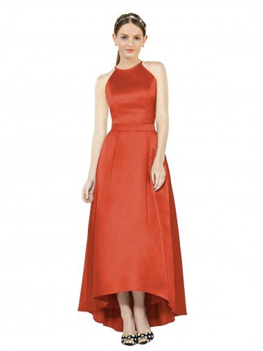 Shop Full Length Halter Satin Bridesmaid Dress with Hi-Low Hem Detail London