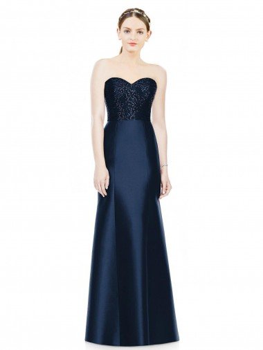 Shop Full Length Strapless Satin Bridesmaid Dress with Lace Sweetheart Neckline London