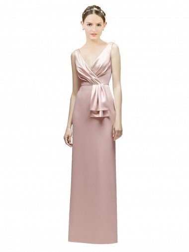 Shop Sleeveless V-Neck Long Satin Bridesmaid Dress with Draped Bodice and Tiered Bow London