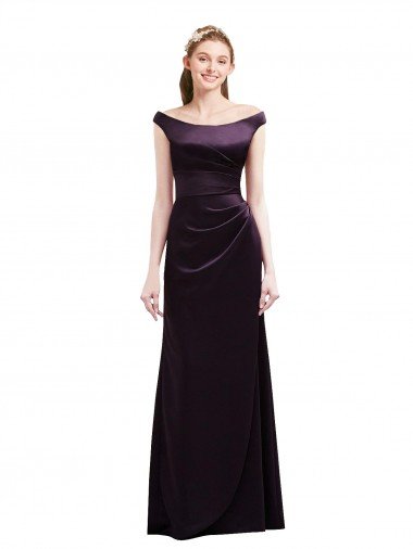 Shop Off The Shoulder Long Satin Bridesmaid Dress with Asymmetrical Pleated Bodice London