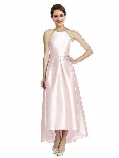 Shop Long High-Low Halter Satin Bridesmaid Dress with Criss-Cross Back London