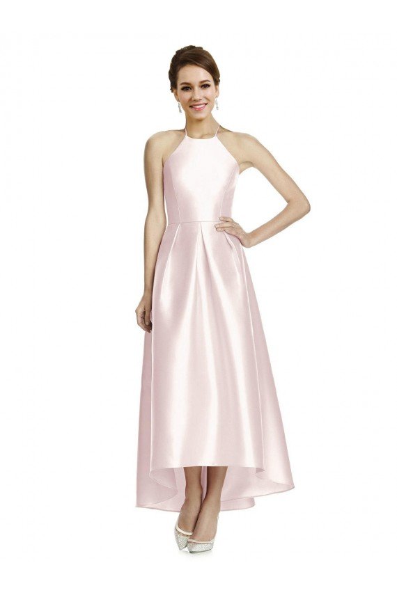 Long High-Low Halter Satin Bridesmaid Dress with Criss-Cross Back