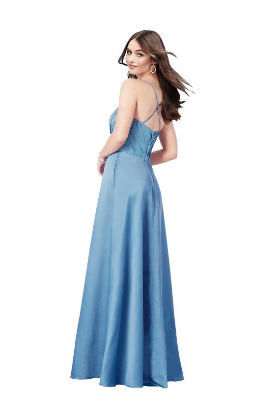 Crossing Strap Back Pleated Bodice Long Formal Satin Bridesmaid Dress / Prom Dress