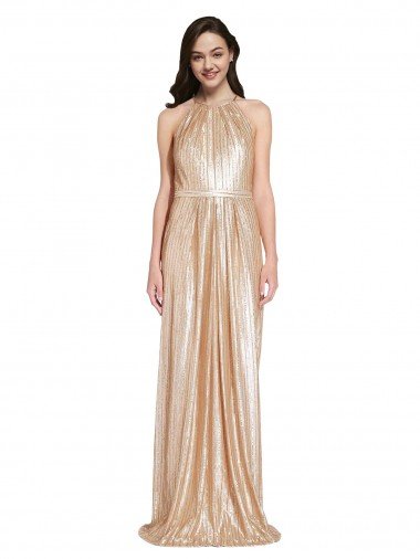Shop Floor Length Halter Neck Sparkling Formal Sequin Bridesmaid Dress / Prom Dress with Pleats London