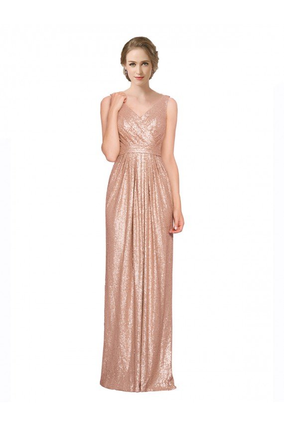 Draped V-Neck Striking Sheath Floor Length Formal Sequin Bridesmaid Dress / Prom Dress