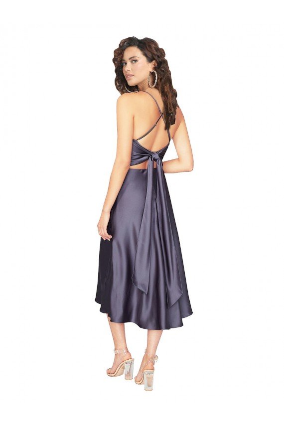 Midi Cocktail Length Silky Satin Bridesmaid Dress / Prom Dress with Open Tied Back