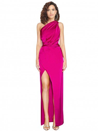 Shop One Shoulder Long Full Length Formal Silky Satin Bridesmaid Dress / Prom Dress with Front Side Split London
