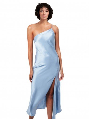 Shop Midi Length Short Formal Silky Satin Bridesmaid Dress / Cocktail Prom Dress with Asymmetric Neckline and High Side Split London