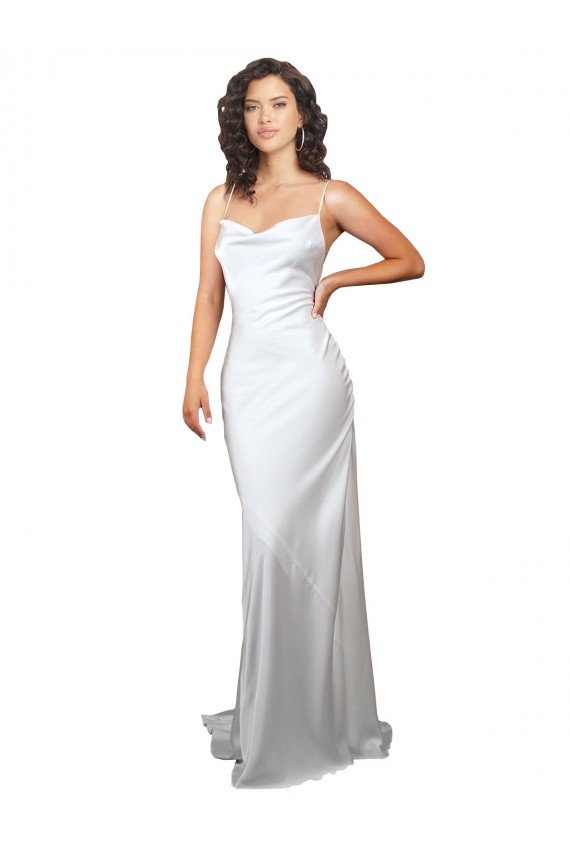 Simple Sweep Train Low Back Tie Cowl Neck Long Silky Satin Beach Wedding Dress