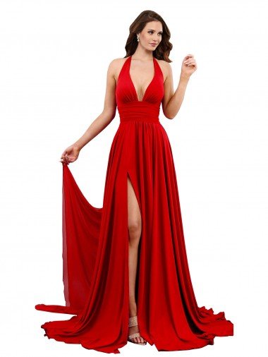 Shop High Slit A-Line Halter Long Formal Spandex Bridesmaid Dress / Prom Dress Open Back London