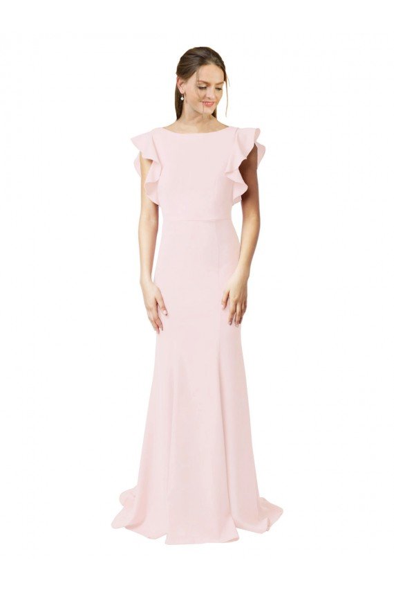 Low V-Back Long Mermaid Crepe Bridesmaid Dress / Prom Dress with Ruffled Sleeves