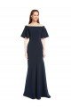 Off the Shoulder Formal Crepe Bridesmaid Dress / Prom Dress with Short Ruffle Sleeves.