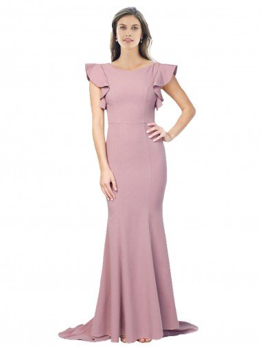 Shop Flutter Sleeves Low V-Back High Round Neck Formal Crepe Bridesmaid Dress / Prom Dress London