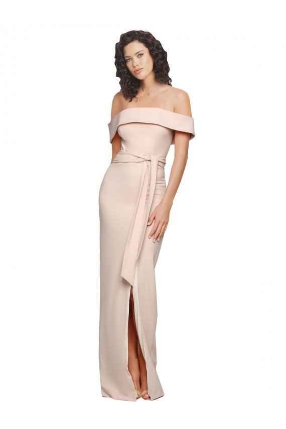 Off the Shoulder Long Formal Crepe Bridesmaid Dress / Prom Dress with Waist Tie and Slit
