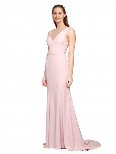 Shop Deep V-Neckline and Back Long Sweep Train Crepe Bridesmaid Dress / Prom Dress with Shoulder Straps London