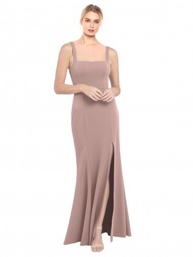 Shop Square Neck Fit and Flare Long Stretch Crepe Bridesmaid Dress / Prom Dress with Side Slit London