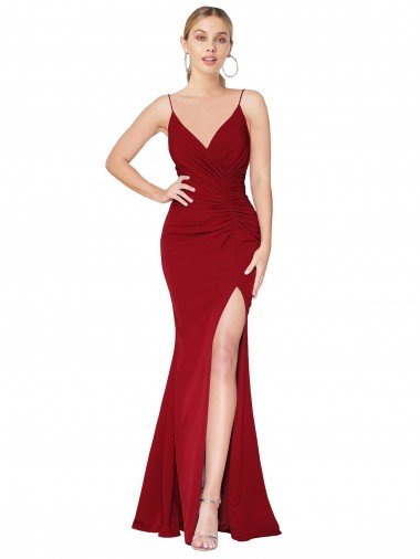 Shop Spaghetti Straps V-Neck Long Formal Crepe Dress with High Slit London