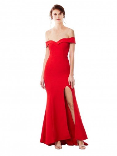 Shop Off the Shoulder Sweetheart Maxi Formal Crepe Bridesmaid Dress / Prom Dress With Thigh Split and Train London