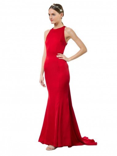 Shop High Neck Mermaid Open Back Formal Crepe Maxi Bridesmaid Dress / Prom Dress with Train Detail London