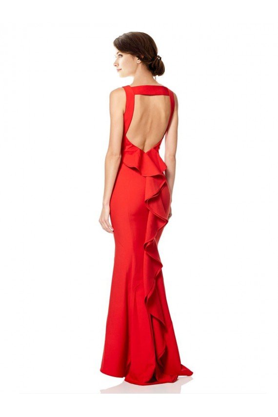 High Neck Maxi Formal Crepe Bridesmiad Dress with Exaggerated Back Ruffle