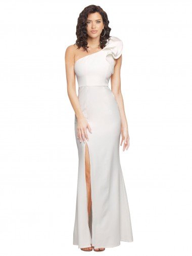 Shop One Shoulder Long Full Length Formal Crepe Bridesmaid Dress / Prom Dress with Ruffles and Side Split London