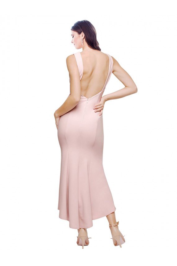 High Neck Low V-Back Cocktail Midi Length Formal Crepe Bridesmaid Dress / Prom Dress