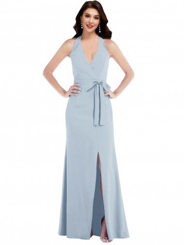 Shop Open Back Halter Maxi Formal Crepe Bridesmaid Dress / Prom Dress with Draped Bow London