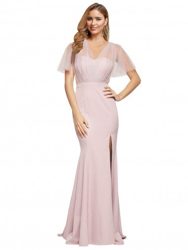 Shop Crepe Long Sweetheart Neckline Formal Bridesmaid Dress / Prom Dress with Tulle Overlay Shoulders London