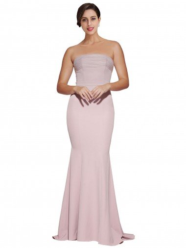 Shop Straight Neck Long Strapless Formal Crepe Bridesmaid Dress / Prom Dress with Soft Tulle Overlay and Small Train London