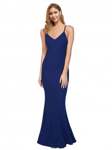 Shop Full Length V-Neckline Formal Crepe Bridesmaid Dress / Prom Dress with Thin Straps and Fulted Skirt London