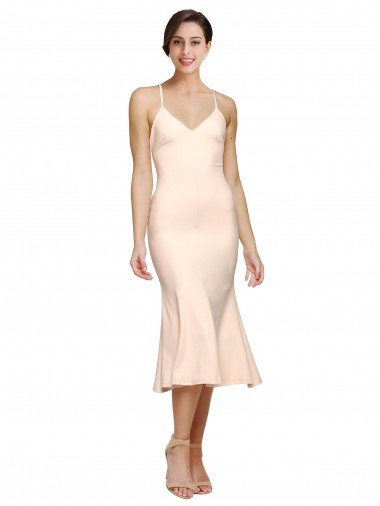 Shop Midi Cocktail Length V-Neckline Crepe Bridesmaid Dress / Prom Dress with Thin Straps and Fulted Skirt London
