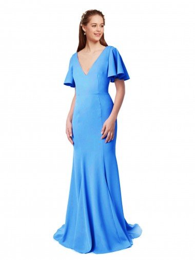 Shop Short Sleeves Long V-Neck Crepe Bridesmaid Dress / Prom Dress with V-Back London